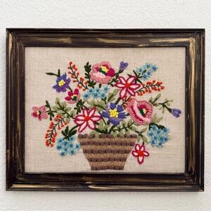 Vintage 70s Floral Basket of Flowers Crewel Embroidery Needlework Framed 13”X16”
